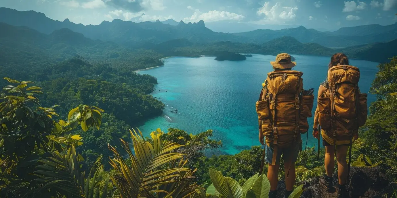 Zwei Personen mit Rucksäcken stehen auf einem Hügel und blicken auf einen See.